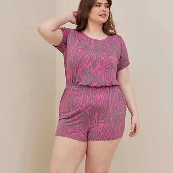 Torrid Stripe Pink SUPER SOFT ELASTIC WAIST LOUNGE ROMPER - Picture 1 of 10